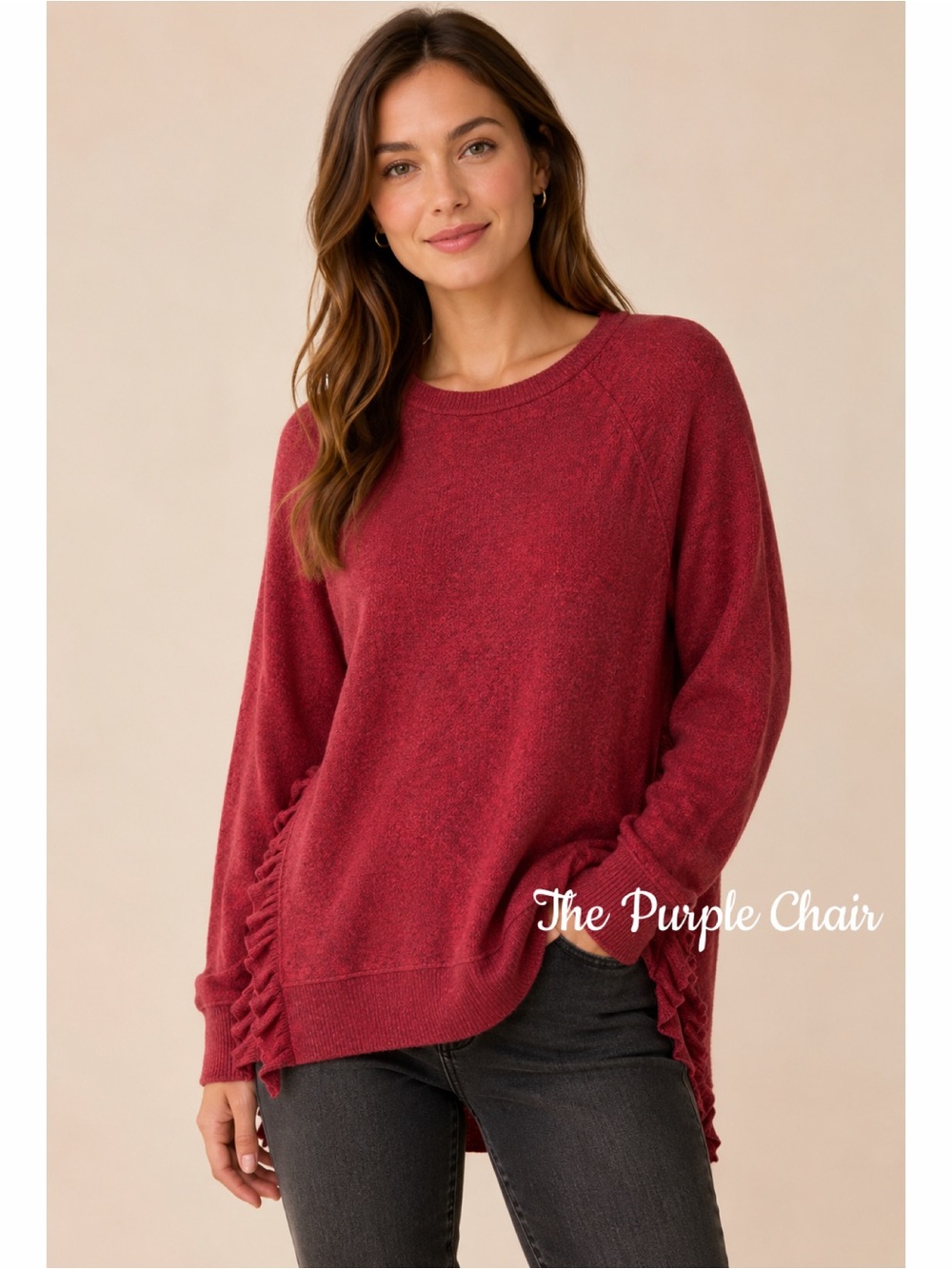 Postmark ANTHROPOLOGIE Red Marled Long Sleeve Ruffle Hem Sweater M